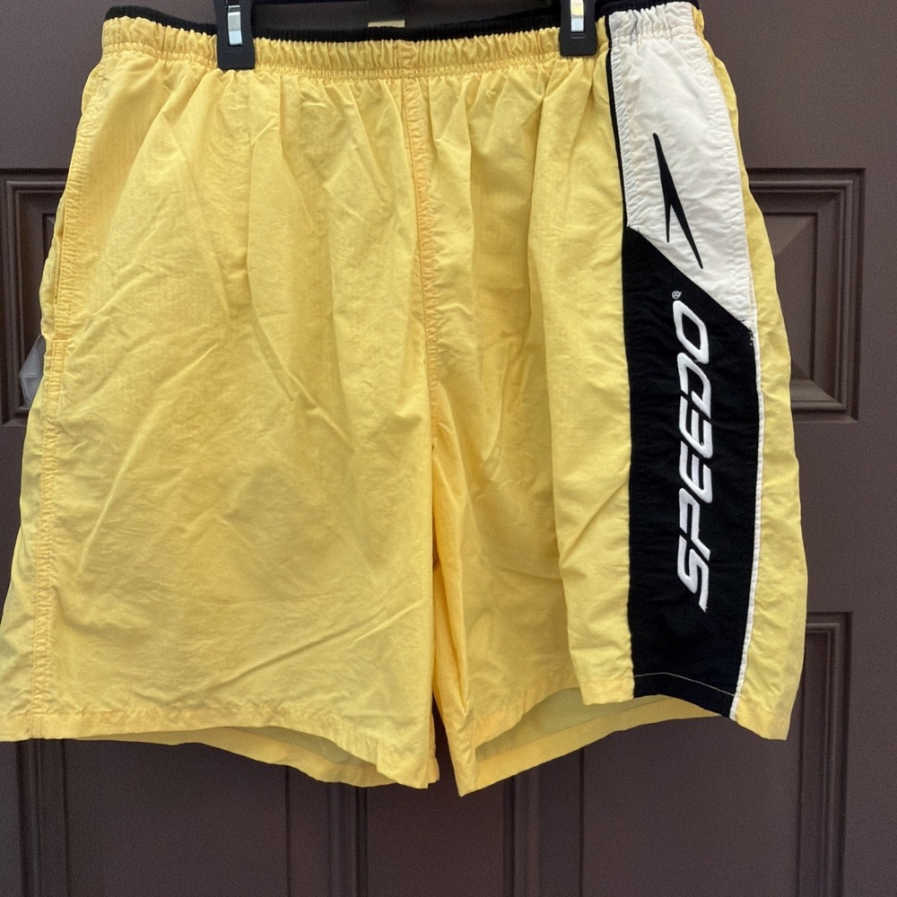 Mens Speedo Swim Trunks Bathing Suit Yellow Black Attached Waterproof Pocket L